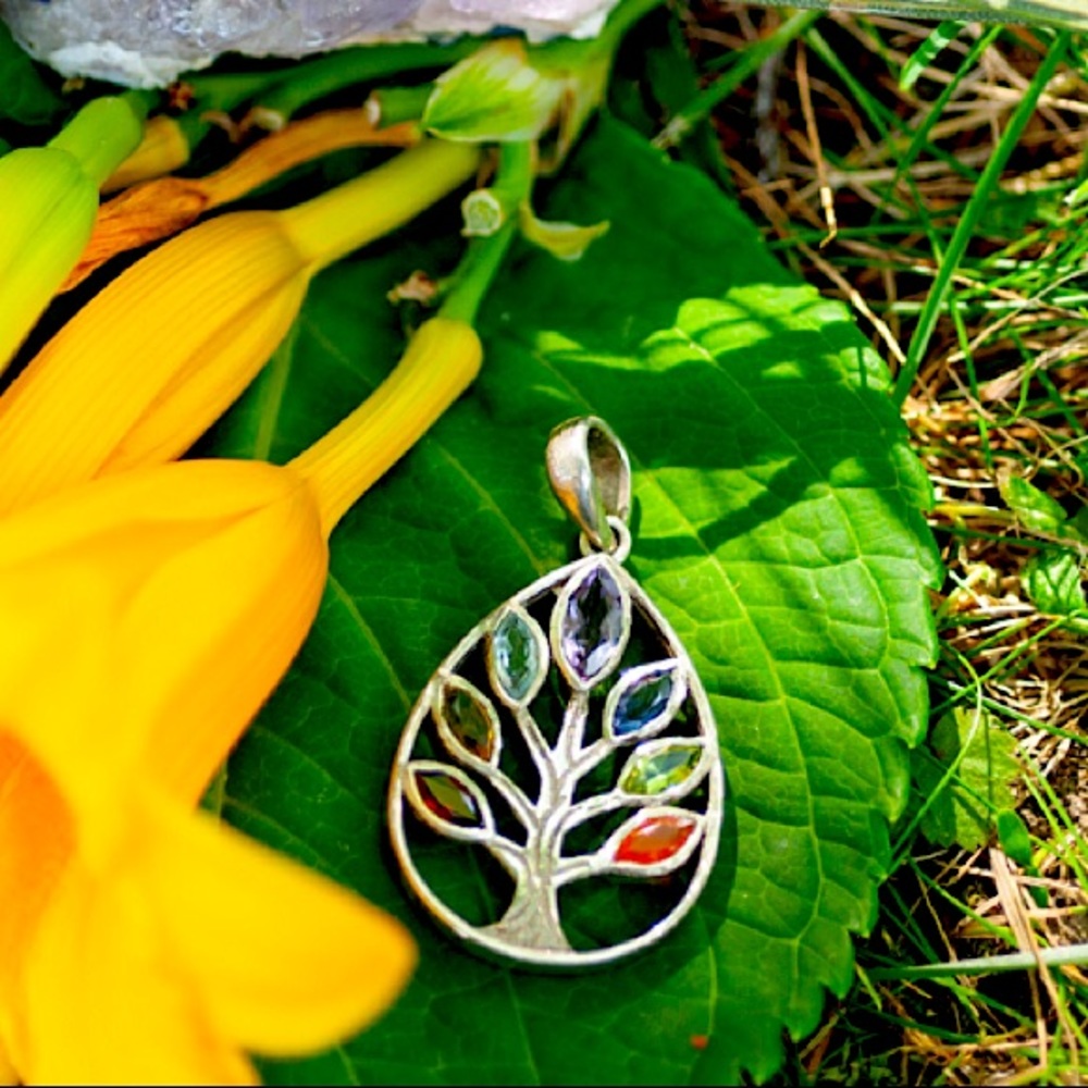 Silver Tear Drop Tree w Precious Gemstone Leaves